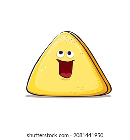 vector funny cartoon cute triangle cheese character isolated on white background. Kawaii food funky character. Slice of Triangular cheese