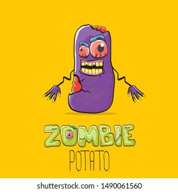 vector funny cartoon cute violet zombie potato character isolated on orange background. My name is zombie potato vector concept halloween background or label. dead monster vegetable funky character