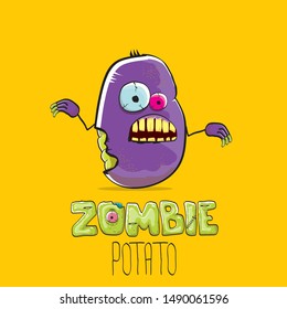 vector funny cartoon cute violet zombie potato character isolated on orange background. My name is zombie potato vector concept halloween background or label. dead monster vegetable funky character