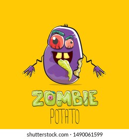 vector funny cartoon cute violet zombie potato character isolated on orange background. My name is zombie potato vector concept halloween background or label. dead monster vegetable funky character