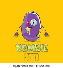 vector funny cartoon cute violet zombie potato character isolated on orange background. My name is zombie potato vector concept halloween background or label. dead monster vegetable funky character