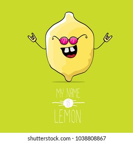 vector funny cartoon cute yellow lemon character isolated on green background. My name is lemon concept illustration. vector cute and funky food character