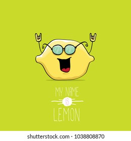 vector funny cartoon cute yellow lemon character isolated on green background. My name is lemon concept illustration. vector cute and funky food character