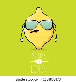 vector funny cartoon cute yellow lemon character isolated on green background. My name is lemon concept illustration. vector cute and funky food character