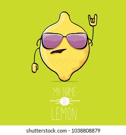 vector funny cartoon cute yellow lemon character isolated on green background. My name is lemon concept illustration. vector cute and funky food character