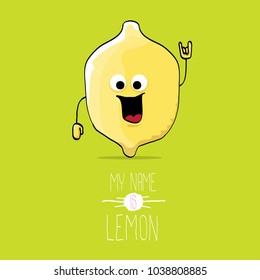 vector funny cartoon cute yellow lemon character isolated on green background. My name is lemon concept illustration. vector cute and funky food character