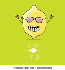 vector funny cartoon cute yellow lemon character isolated on green background. My name is lemon concept illustration. vector cute and funky food character