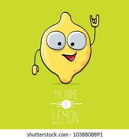 vector funny cartoon cute yellow lemon character isolated on green background. My name is lemon concept illustration. vector cute and funky food character