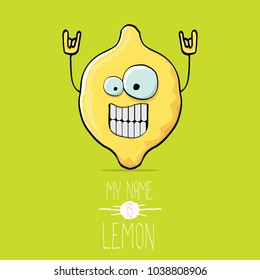 vector funny cartoon cute yellow lemon character isolated on green background. My name is lemon concept illustration. vector cute and funky food character