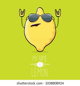 vector funny cartoon cute yellow lemon character isolated on green background. My name is lemon concept illustration. vector cute and funky food character