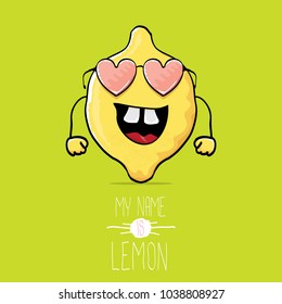vector funny cartoon cute yellow lemon character isolated on green background. My name is lemon concept illustration. vector cute and funky food character