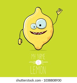 vector funny cartoon cute yellow lemon character isolated on green background. My name is lemon concept illustration. vector cute and funky food character