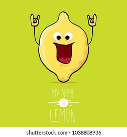 vector funny cartoon cute yellow lemon character isolated on green background. My name is lemon concept illustration. vector cute and funky food character