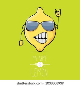 vector funny cartoon cute yellow lemon character isolated on green background. My name is lemon concept illustration. vector cute and funky food character