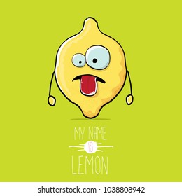 vector funny cartoon cute yellow lemon character isolated on green background. My name is lemon concept illustration. vector cute and funky food character