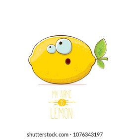vector funny cartoon cute yellow lemon character isolated on white background. My name is lemon concept illustration. vector summer fruit character