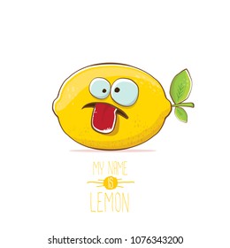vector funny cartoon cute yellow lemon character isolated on white background. My name is lemon concept illustration. vector summer fruit character
