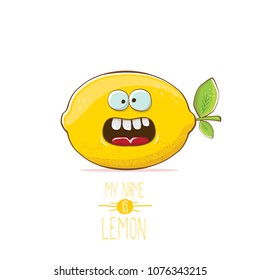vector funny cartoon cute yellow lemon character isolated on white background. My name is lemon concept illustration. vector summer fruit character