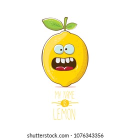 vector funny cartoon cute yellow lemon character isolated on white background. My name is lemon concept illustration. vector summer fruit character