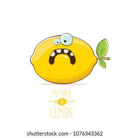 vector funny cartoon cute yellow lemon character isolated on white background. My name is lemon concept illustration. vector summer fruit character