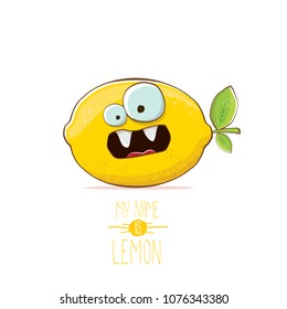 vector funny cartoon cute yellow lemon character isolated on white background. My name is lemon concept illustration. vector summer fruit character