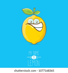 vector funny cartoon cute yellow lemon character isolated on blue background. My name is lemon concept illustration. vector summer fruit character