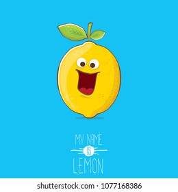 vector funny cartoon cute yellow lemon character isolated on blue background. My name is lemon concept illustration. vector summer fruit character