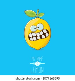 vector funny cartoon cute yellow lemon character isolated on blue background. My name is lemon concept illustration. vector summer fruit character