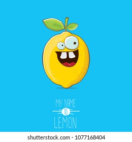 vector funny cartoon cute yellow lemon character isolated on blue background. My name is lemon concept illustration. vector summer fruit character