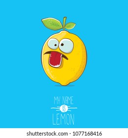 vector funny cartoon cute yellow lemon character isolated on blue background. My name is lemon concept illustration. vector summer fruit character