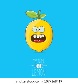 vector funny cartoon cute yellow lemon character isolated on blue background. My name is lemon concept illustration. vector summer fruit character