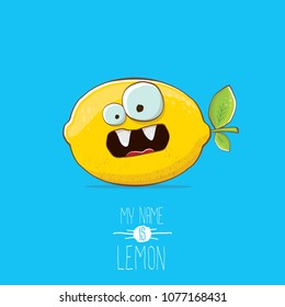 vector funny cartoon cute yellow lemon character isolated on blue background. My name is lemon concept illustration. vector summer fruit character
