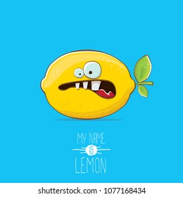 vector funny cartoon cute yellow lemon character isolated on blue background. My name is lemon concept illustration. vector summer fruit character
