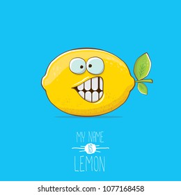vector funny cartoon cute yellow lemon character isolated on blue background. My name is lemon concept illustration. vector summer fruit character
