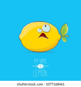 vector funny cartoon cute yellow lemon character isolated on blue background. My name is lemon concept illustration. vector summer fruit character
