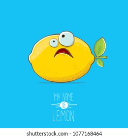 vector funny cartoon cute yellow lemon character isolated on blue background. My name is lemon concept illustration. vector summer fruit character