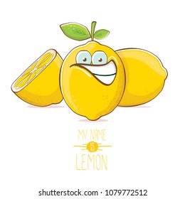vector funny cartoon cute yellow lemon character with slice isolated on white background. My name is lemon concept illustration. vector summer fruit character