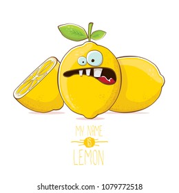 vector funny cartoon cute yellow lemon character with slice isolated on white background. My name is lemon concept illustration. vector summer fruit character
