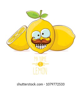 vector funny cartoon cute yellow lemon character with slice isolated on white background. My name is lemon concept illustration. vector summer fruit character
