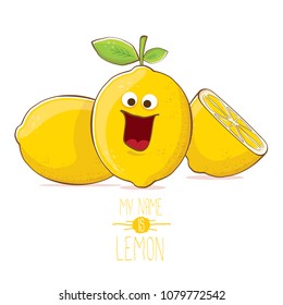 vector funny cartoon cute yellow lemon character with slice isolated on white background. My name is lemon concept illustration. vector summer fruit character