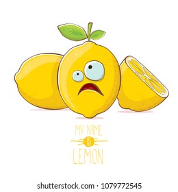 vector funny cartoon cute yellow lemon character with slice isolated on white background. My name is lemon concept illustration. vector summer fruit character
