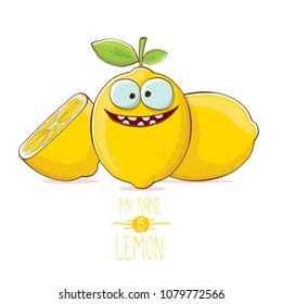 vector funny cartoon cute yellow lemon character with slice isolated on white background. My name is lemon concept illustration. vector summer fruit character