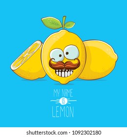 vector funny cartoon cute yellow lemon character with slice isolated on blue background. My name is lemon concept illustration. vector summer fruit character