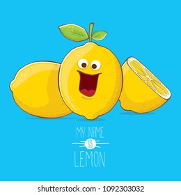 vector funny cartoon cute yellow lemon character with slice isolated on blue background. My name is lemon concept illustration. vector summer fruit character