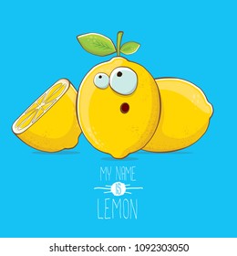vector funny cartoon cute yellow lemon character with slice isolated on blue background. My name is lemon concept illustration. vector summer fruit character