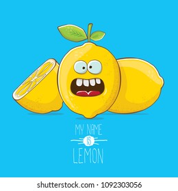 vector funny cartoon cute yellow lemon character with slice isolated on blue background. My name is lemon concept illustration. vector summer fruit character