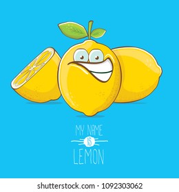 vector funny cartoon cute yellow lemon character with slice isolated on blue background. My name is lemon concept illustration. vector summer fruit character