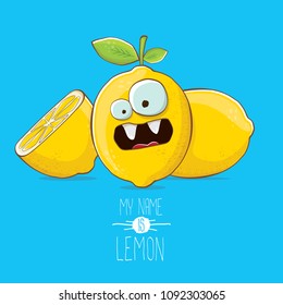 vector funny cartoon cute yellow lemon character with slice isolated on blue background. My name is lemon concept illustration. vector summer fruit character