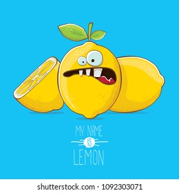 vector funny cartoon cute yellow lemon character with slice isolated on blue background. My name is lemon concept illustration. vector summer fruit character