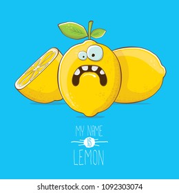 vector funny cartoon cute yellow lemon character with slice isolated on blue background. My name is lemon concept illustration. vector summer fruit character